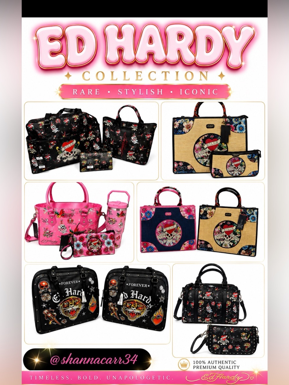 Ed Hardy Black Tote with Colorful Tattoo Skull & Tiger Graphics